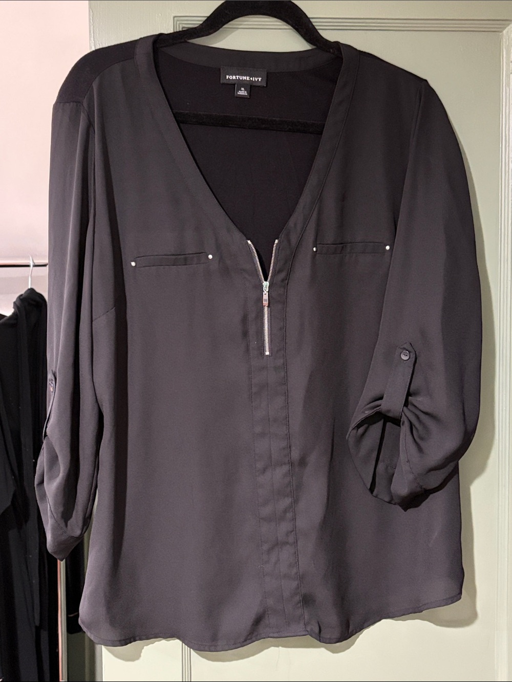 Fortune + Ivy Black Zip-Front Women's Blouse